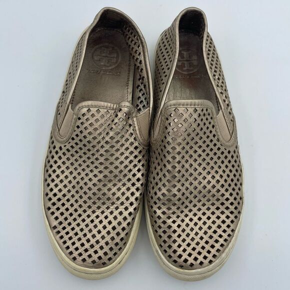 Tory Burch Jesse Gold Metallic Leather Perforated Slip On Shoes - Picture 3 of 6